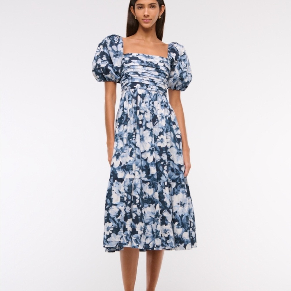 Abercrombie & Fitch Blue and White Puff Sleeve Midi Dress poplin